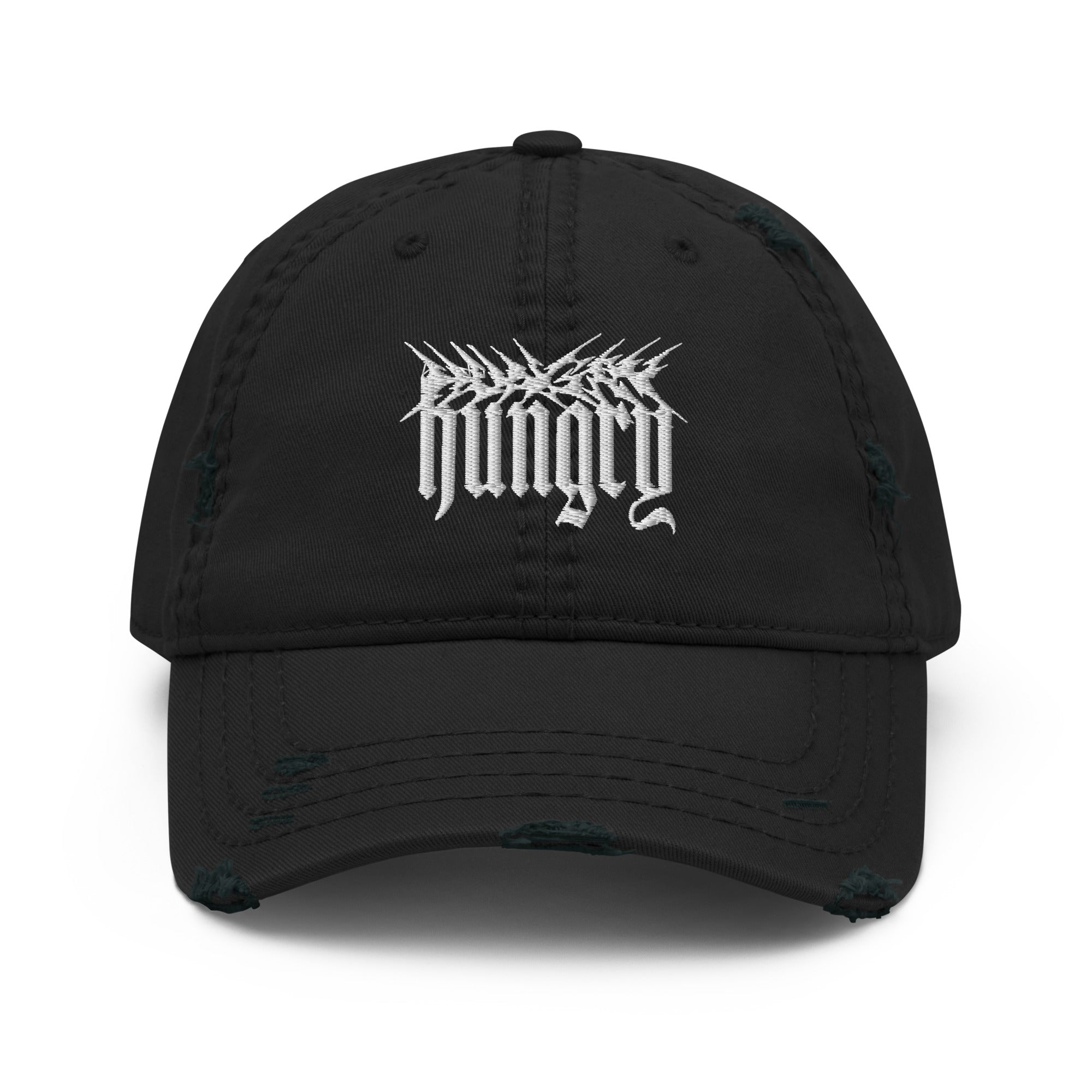 Hungry Collections Distressed Hat in Black - Front View