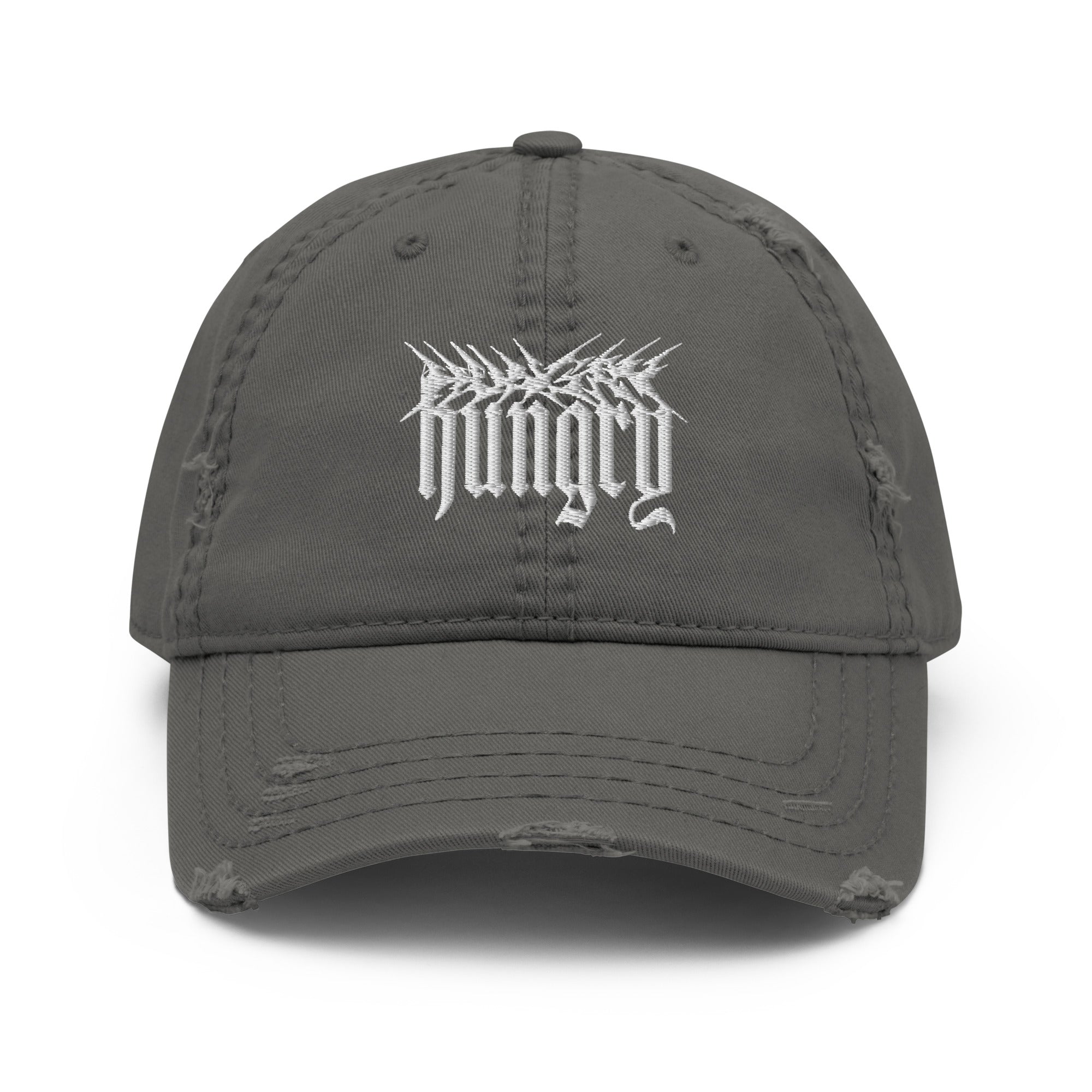 Hungry Collections Distressed Hat in Charcoal Grey - Front View