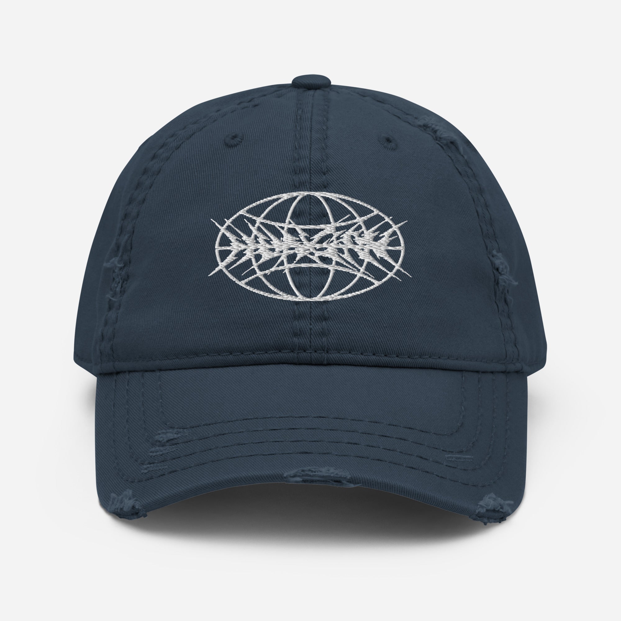 Globe Distressed Hat in blue, featuring Hungry Collections logo.