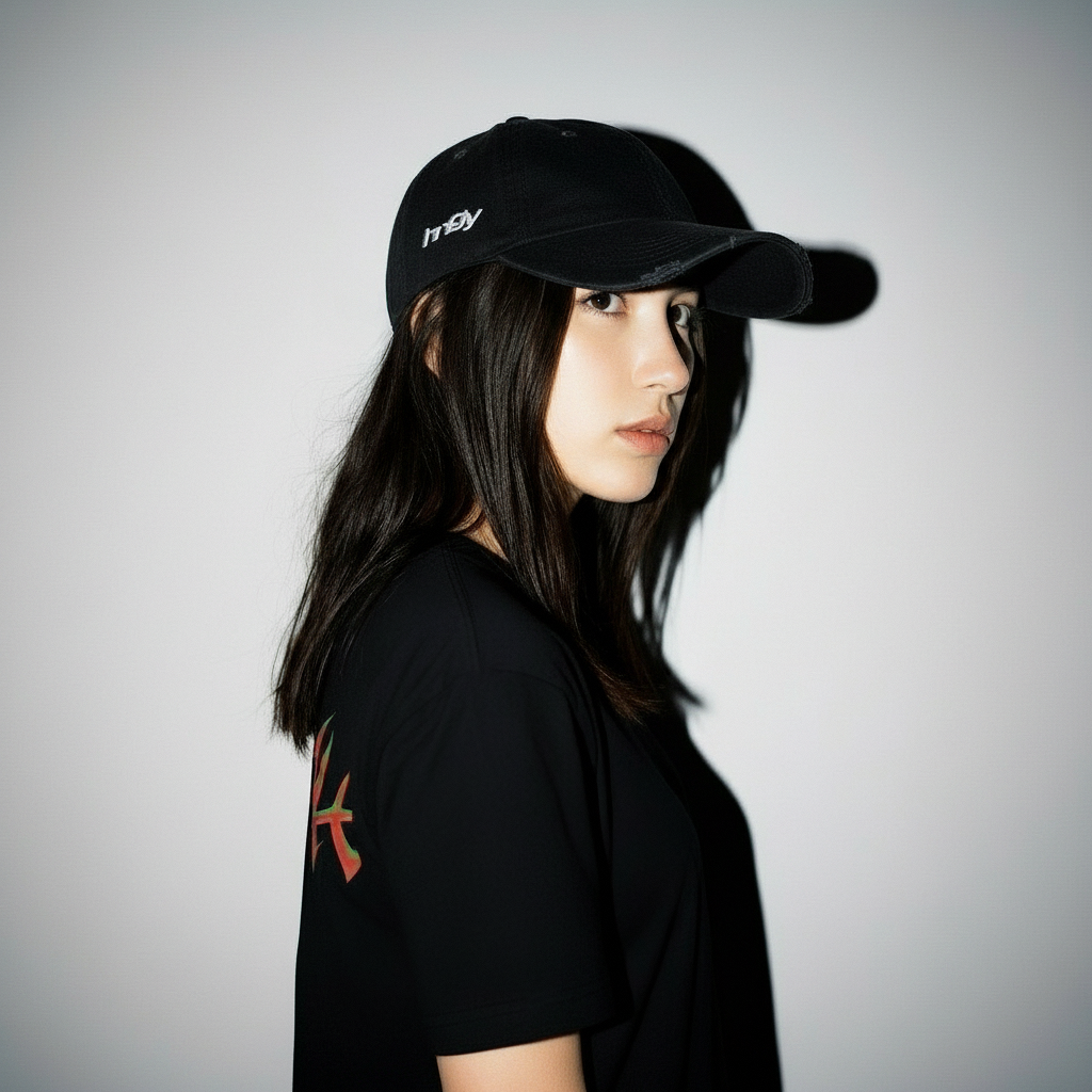 Model wearing the HNGY Black Cap in a side profile view.