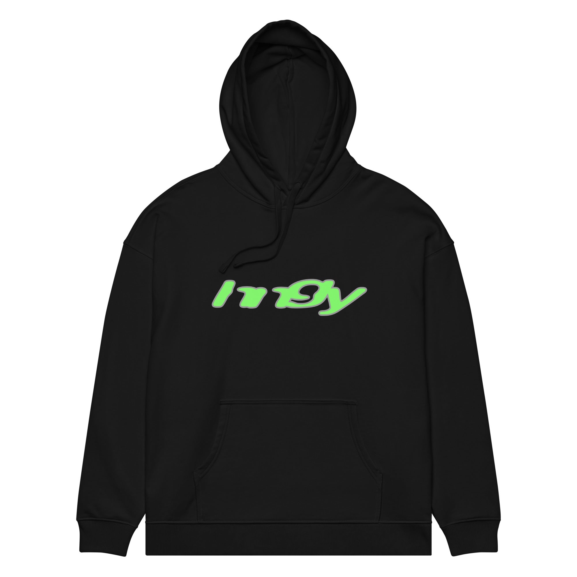 Front view of black HNGY hoodie with neon green logo