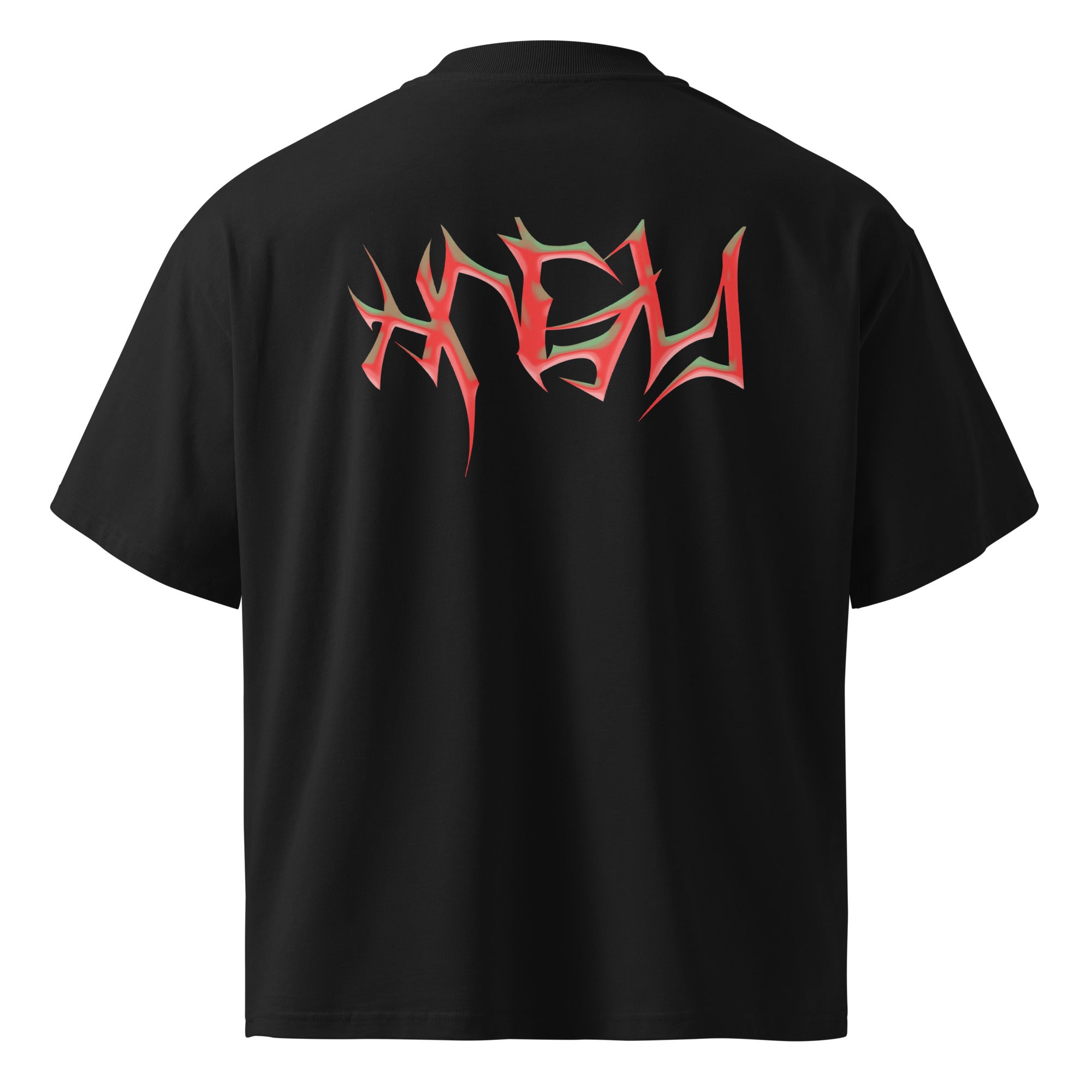 Back mockup of the HNGY oversized t-shirt featuring the red flame design.